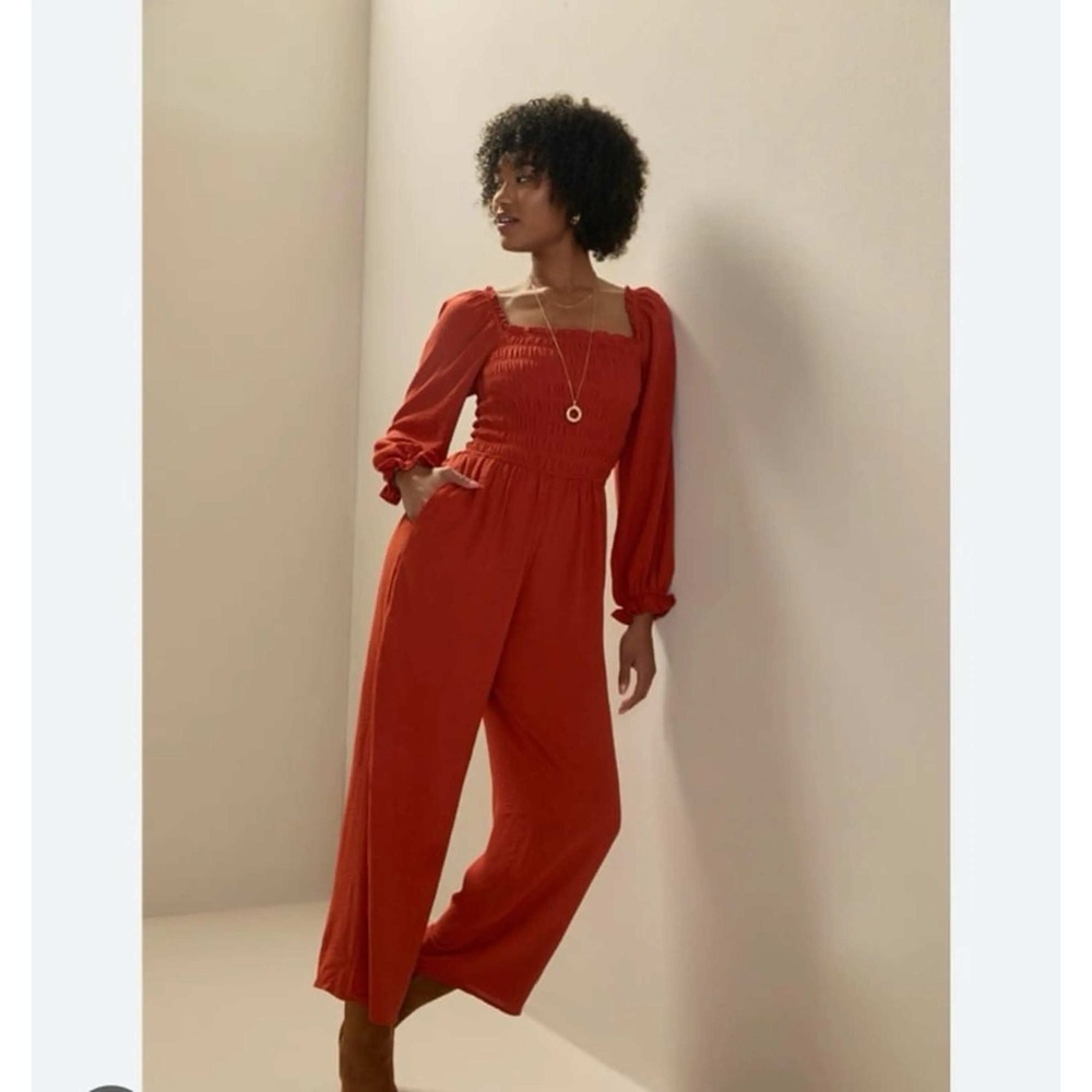 Francesca's Rust Orange Smocked Wide Leg Jumpsuit Long Sleeve Square Neck XL NWT